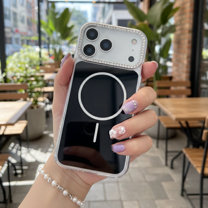 Black Rhinestone Crystal Guard MagSafe Case – Studded Camera & Border Silicone Phone Cases For iPhone