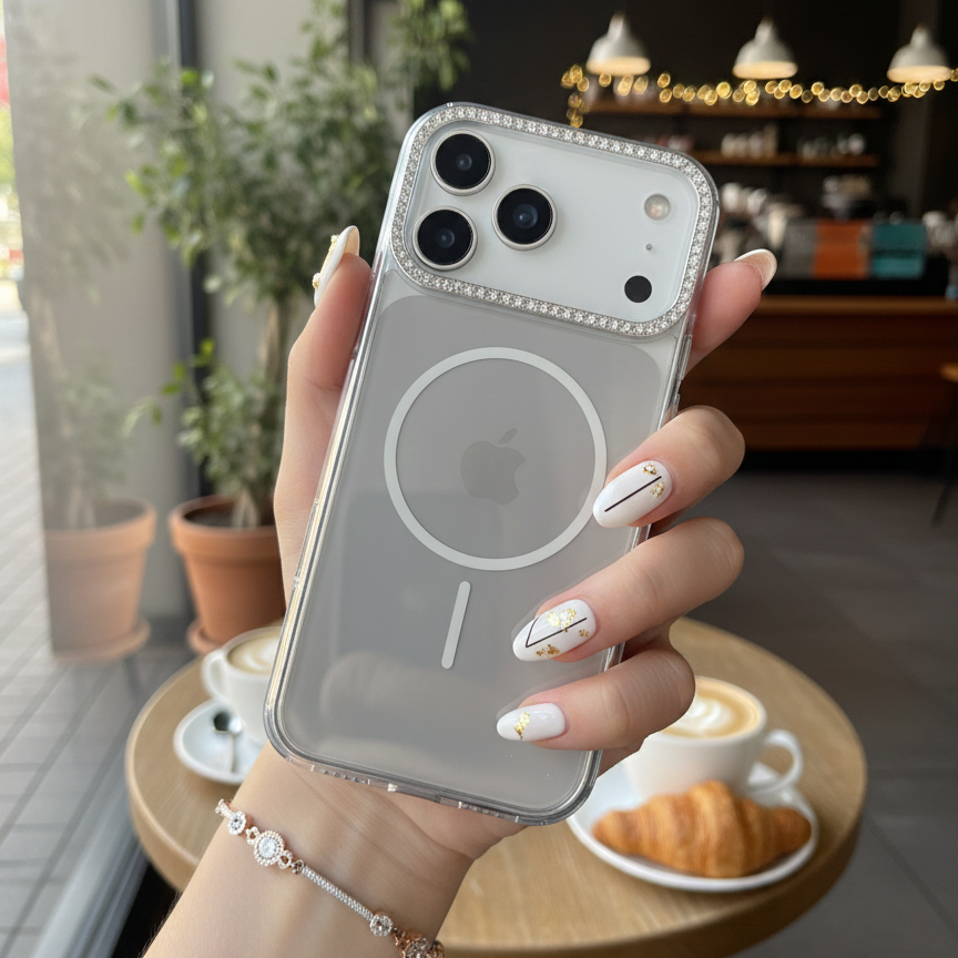 Silver Rhinestone Crystal Guard MagSafe Case – Studded Camera & Border Silicone Phone Cases For iPhone