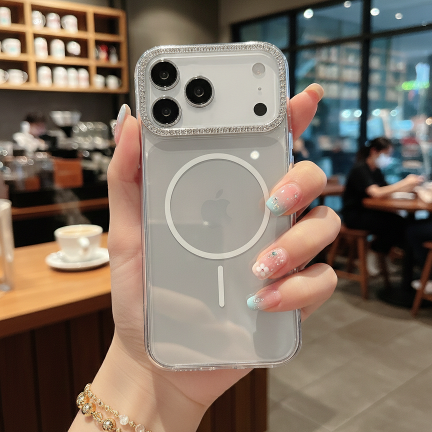 Silver Rhinestone Crystal Guard MagSafe Case – Studded Camera & Border Silicone Phone Cases For iPhone