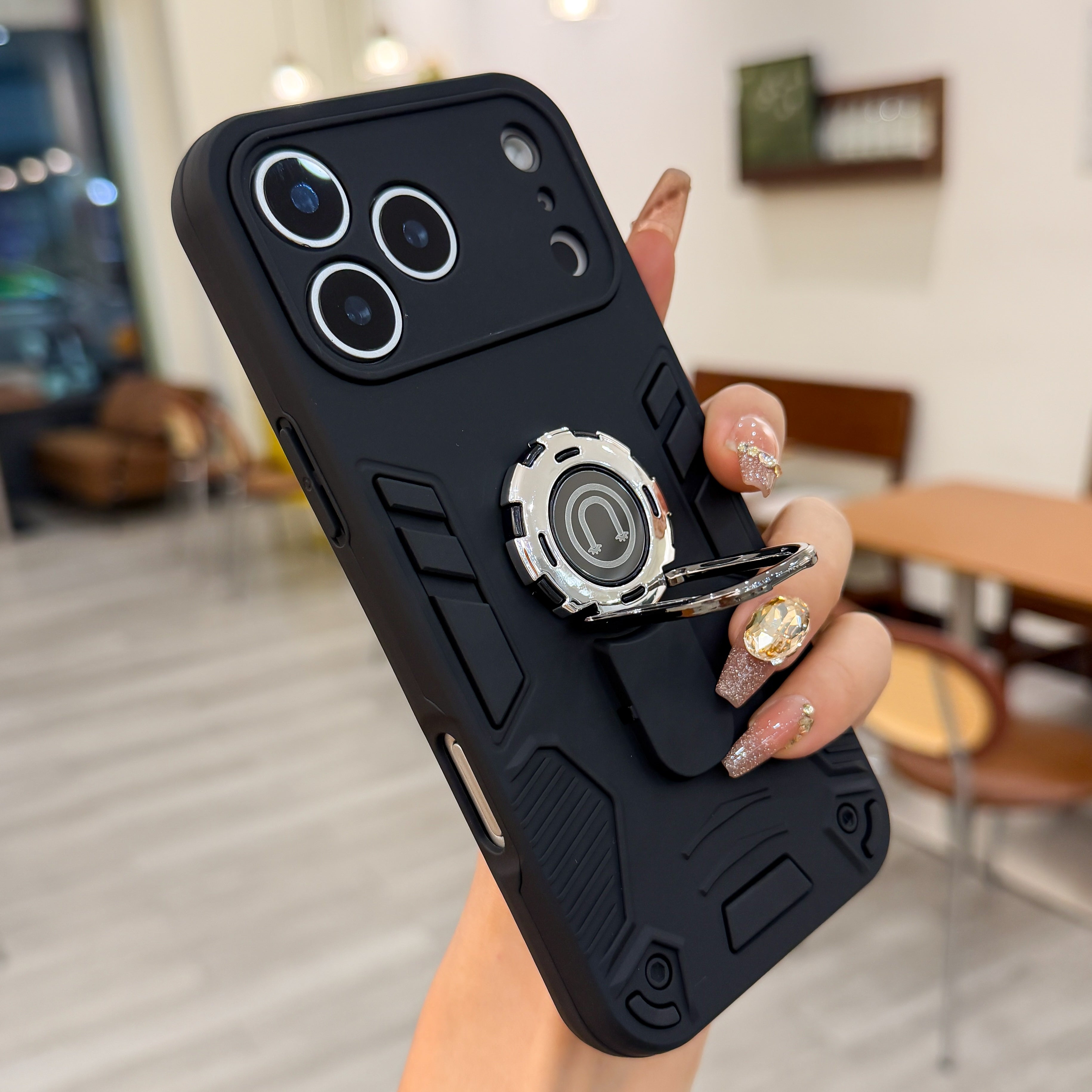 ShadowShield – Matte Black Armor Case with Ring Kickstand Silicone Phone Cases For iPhone