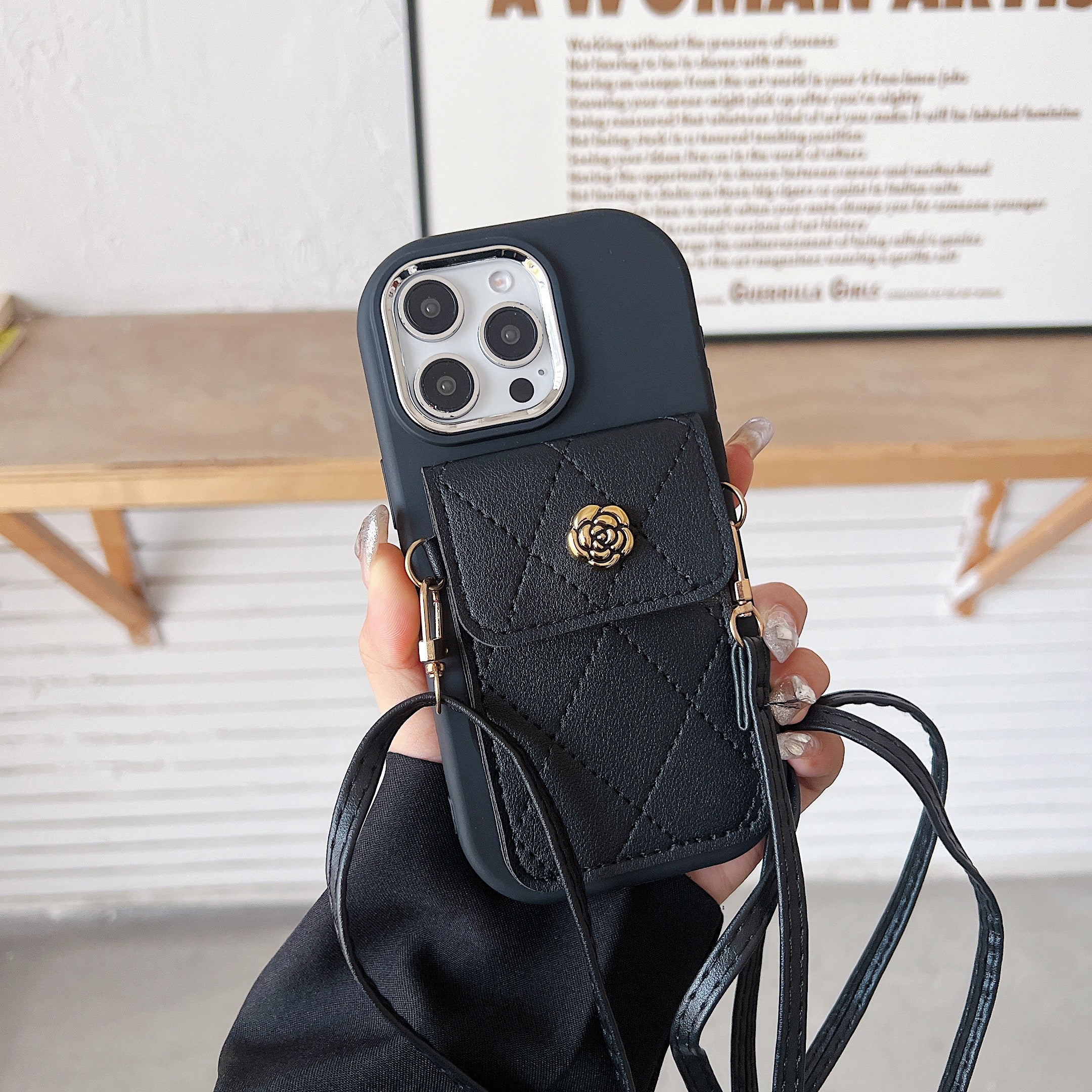Black Mini Sling Wallet Silicone Phone Case For iPhone
