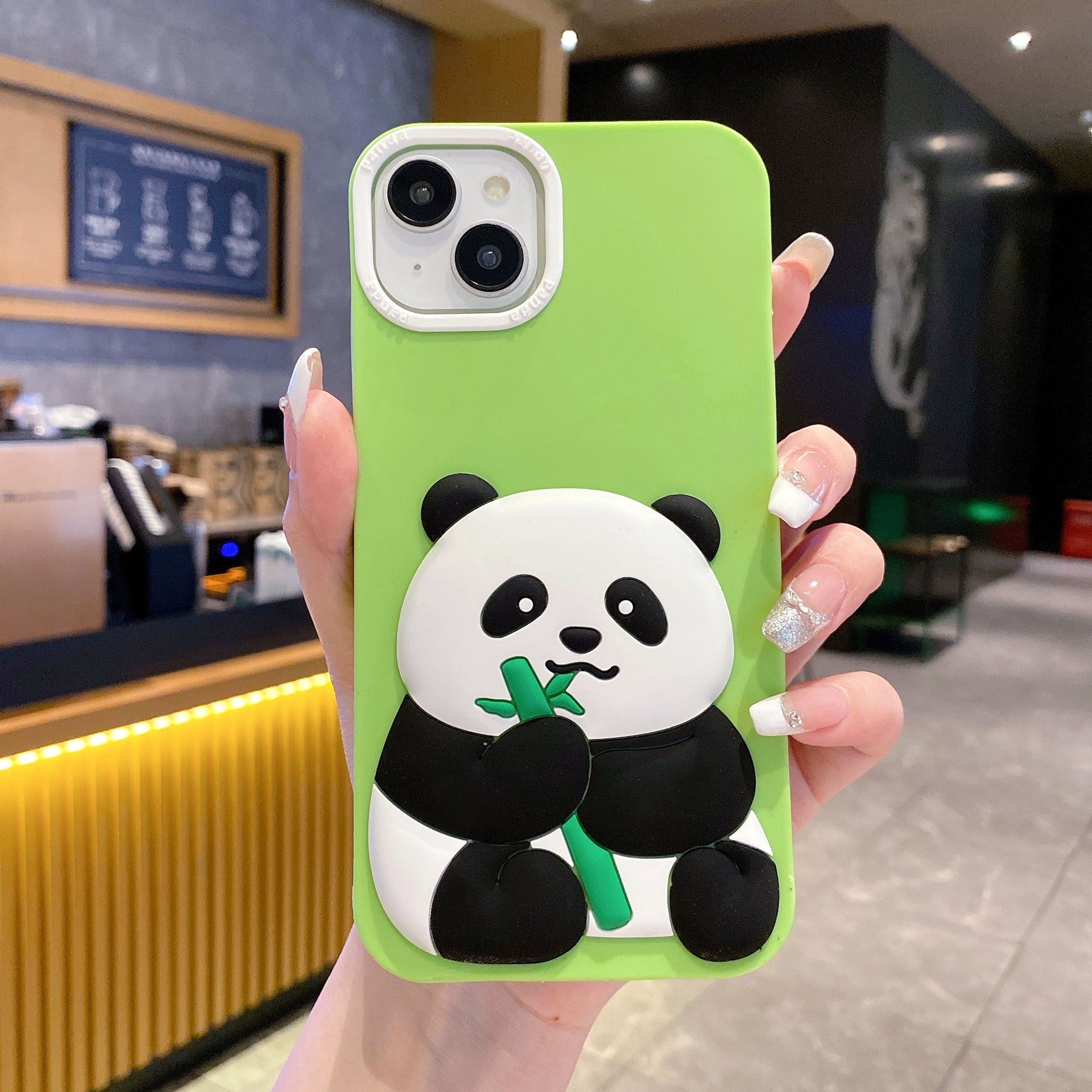 Lime Green Panda Eating Bamboo Silicone Phone Cases For iPhone