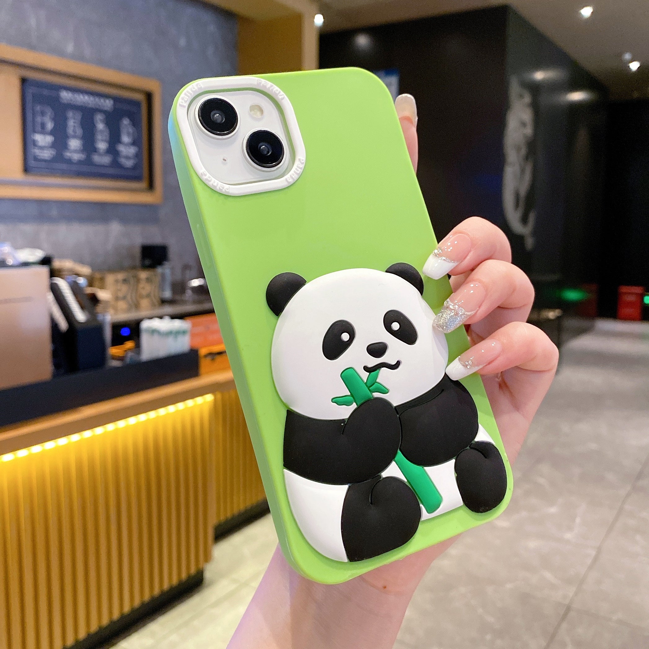 Lime Green Panda Eating Bamboo Silicone Phone Cases For iPhone