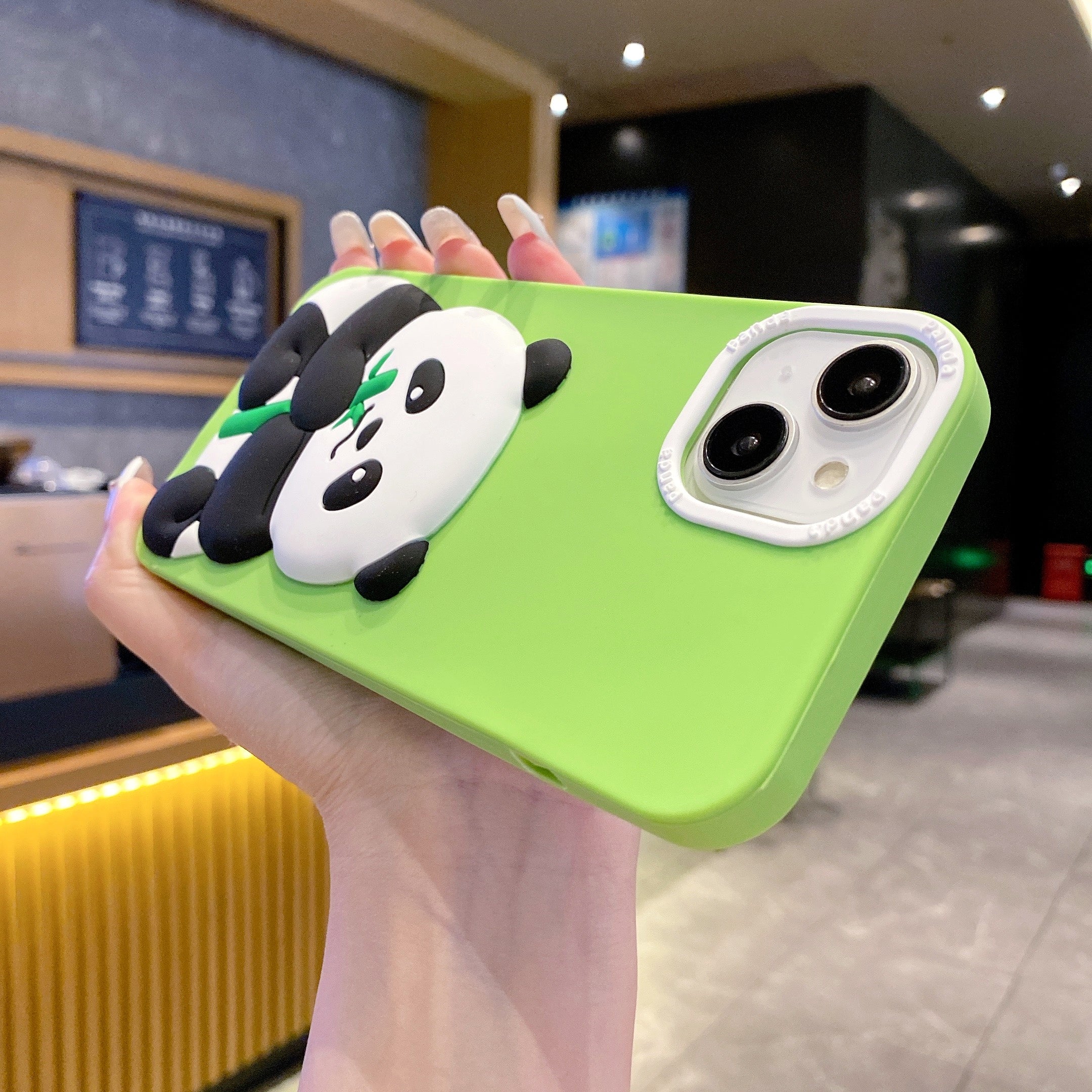 Lime Green Panda Eating Bamboo Silicone Phone Cases For iPhone