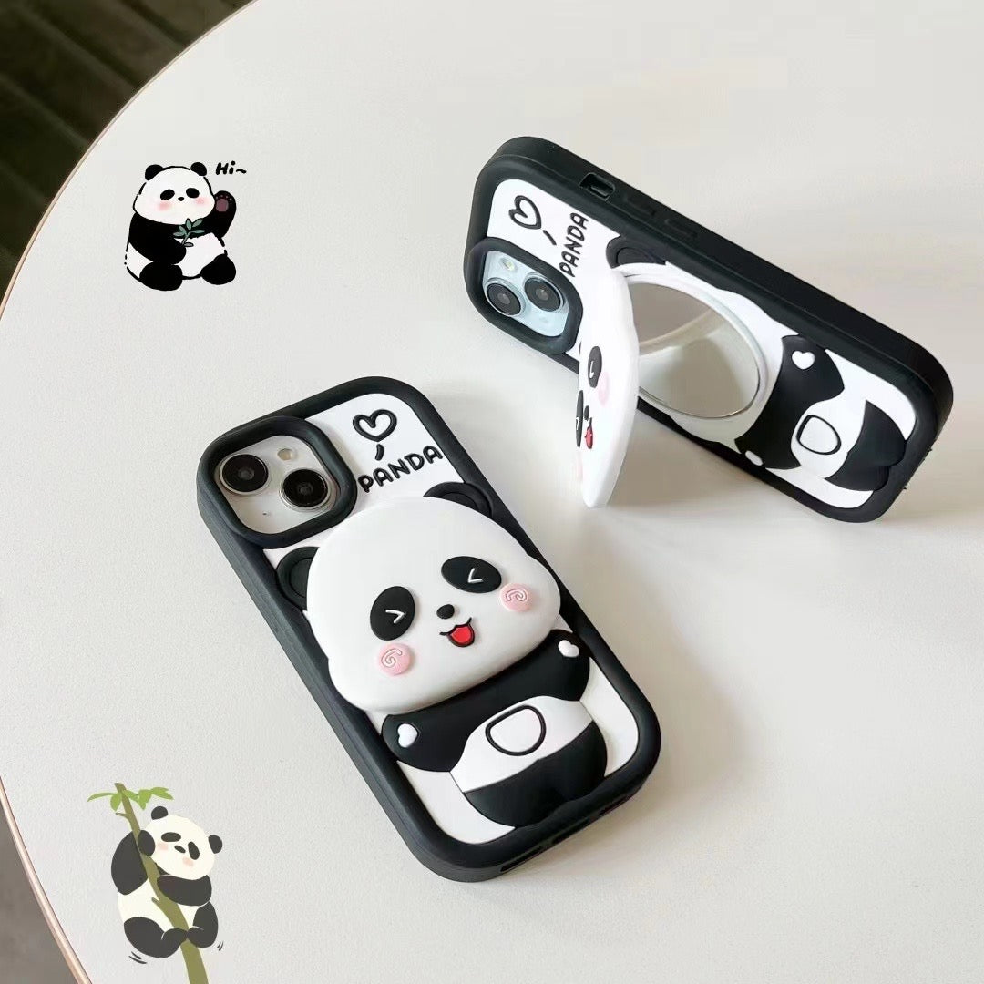 Panda Reflect Mirror Stand Silicone Phone Case For iPhone