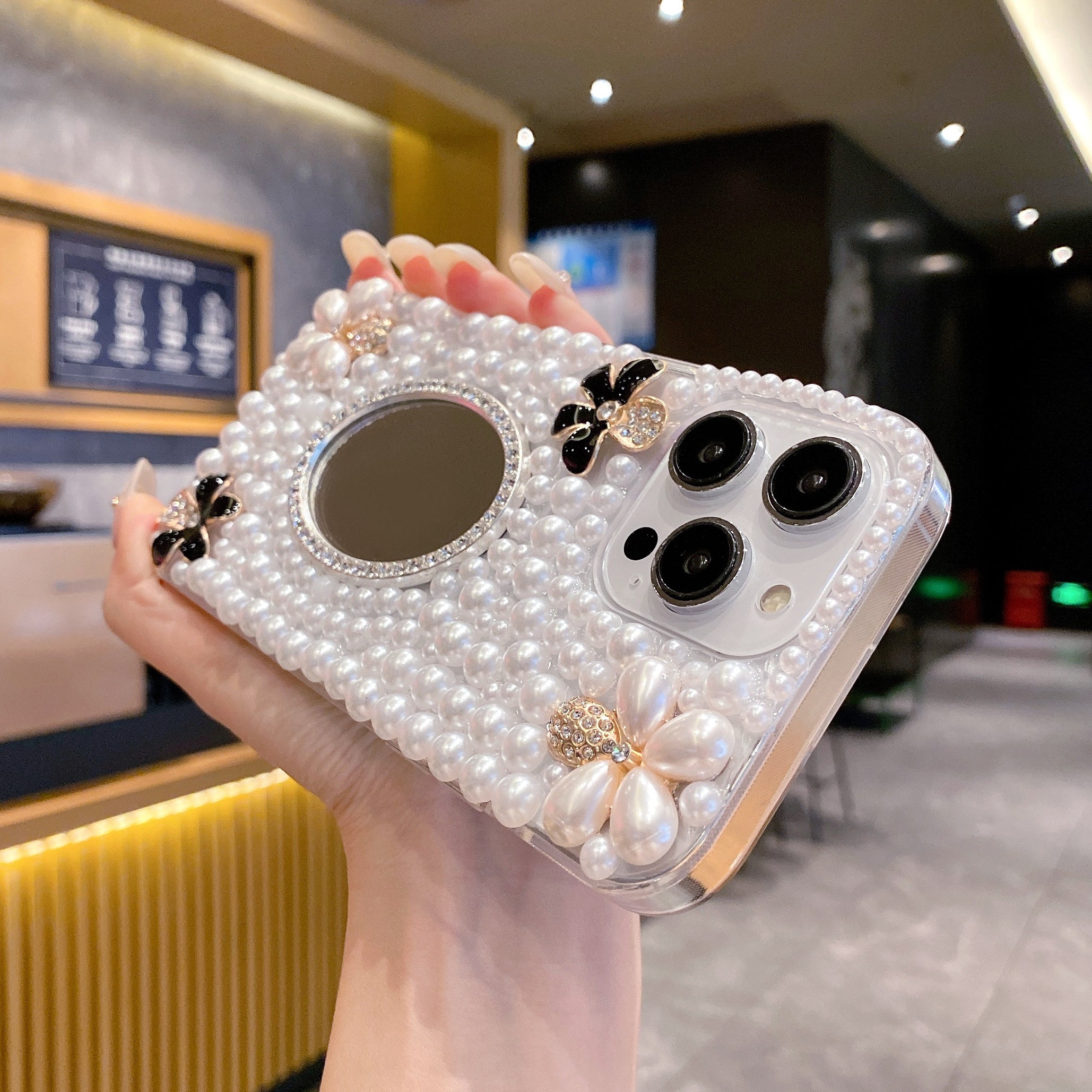 Luxury Pearl 3D Floral Case with Makeup Mirror for iPhone
