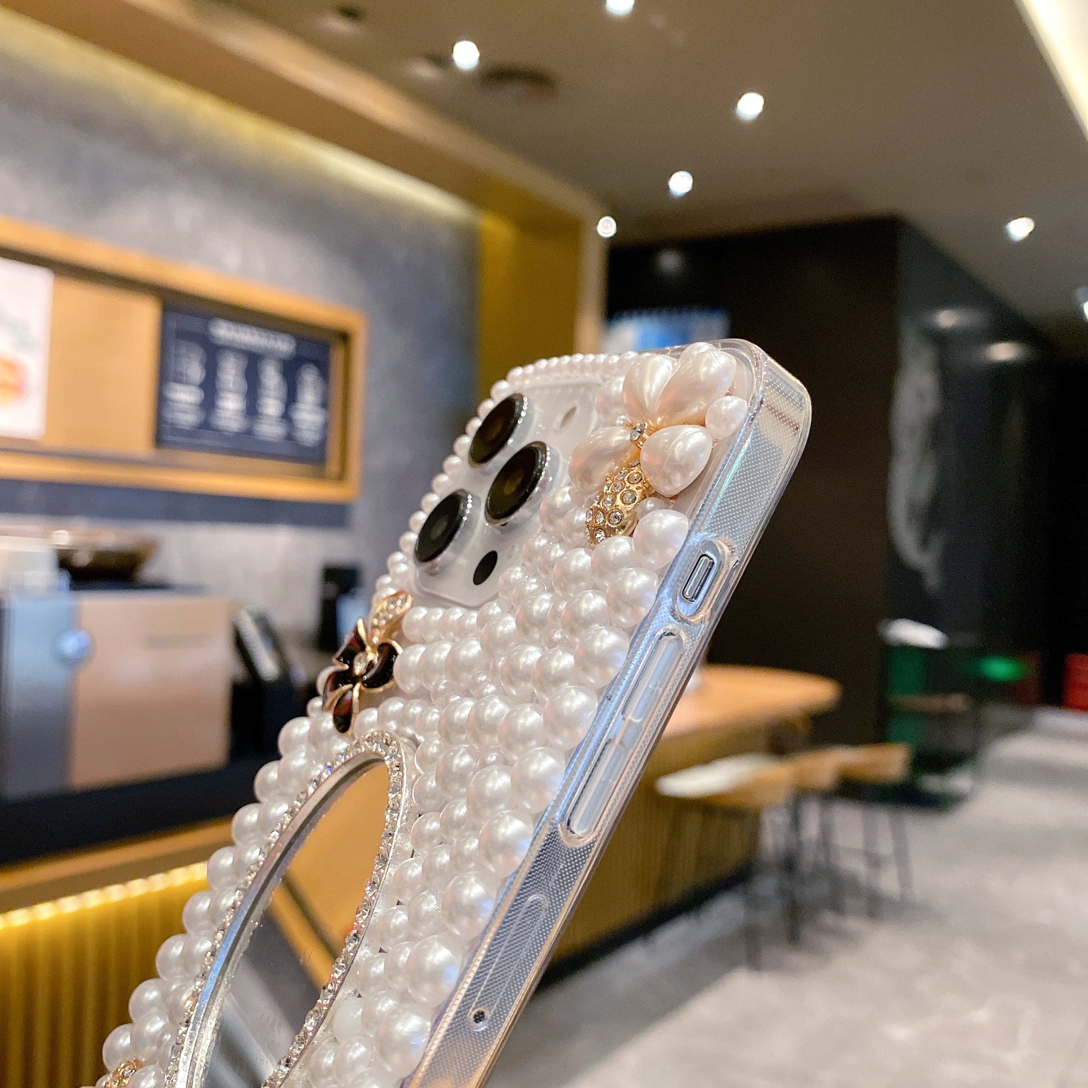 Luxury Pearl 3D Floral Case with Makeup Mirror for iPhone