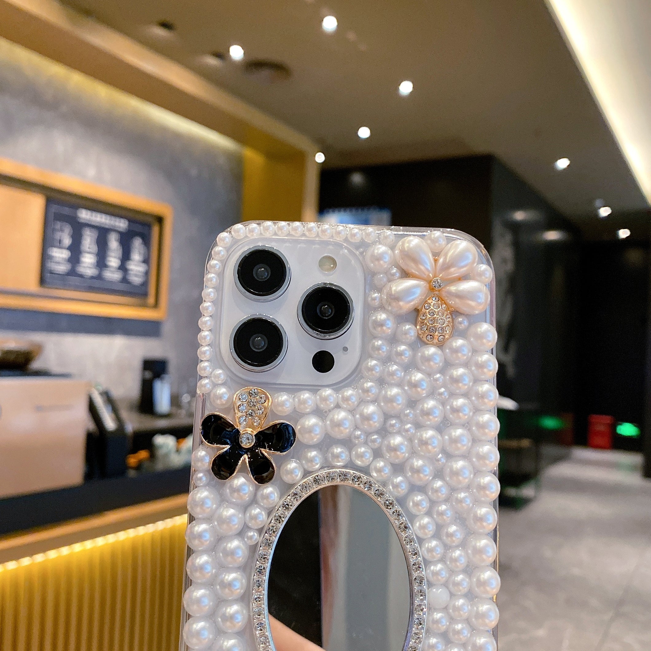 Luxury Pearl 3D Floral Case with Makeup Mirror for iPhone