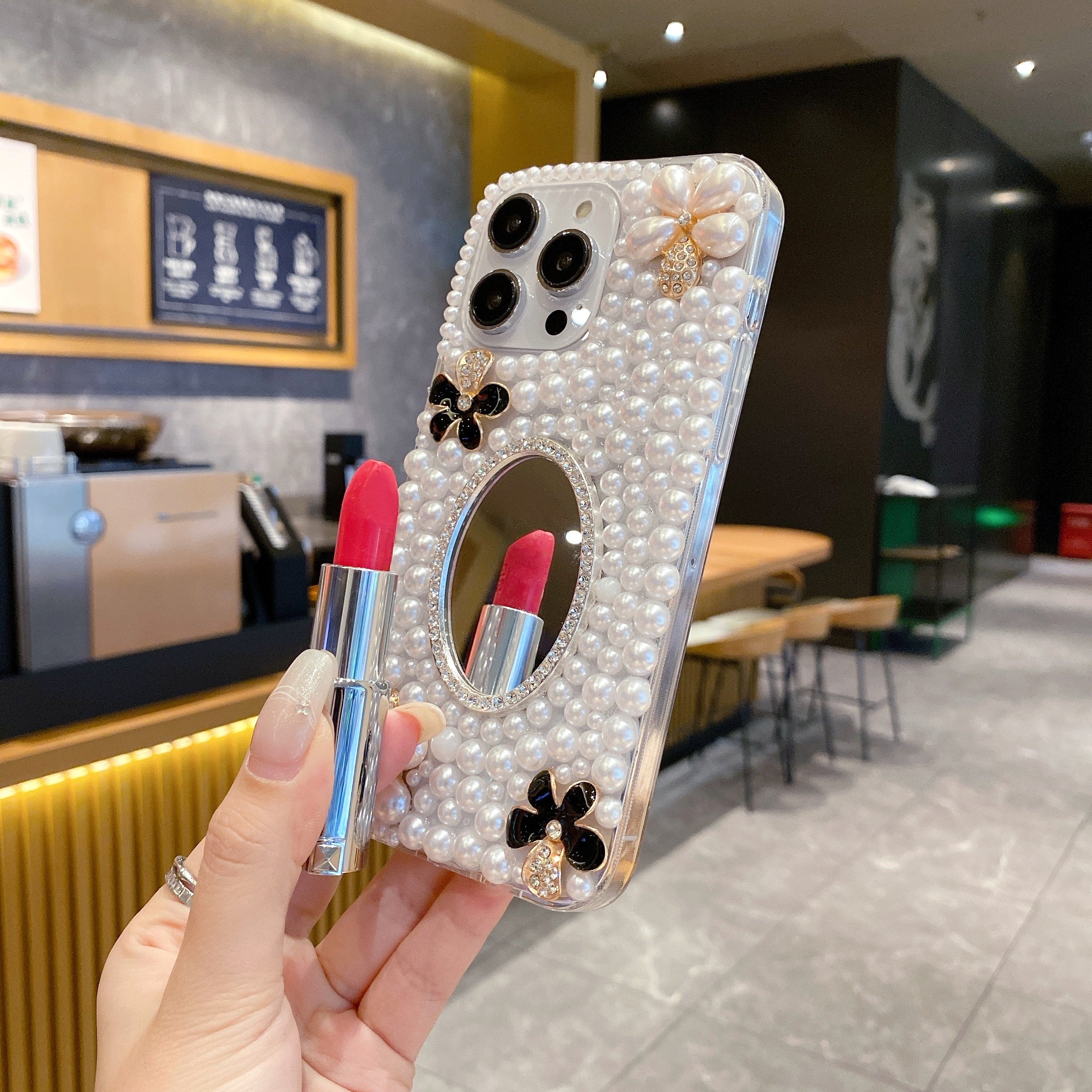 Luxury Pearl 3D Floral Case with Makeup Mirror for iPhone