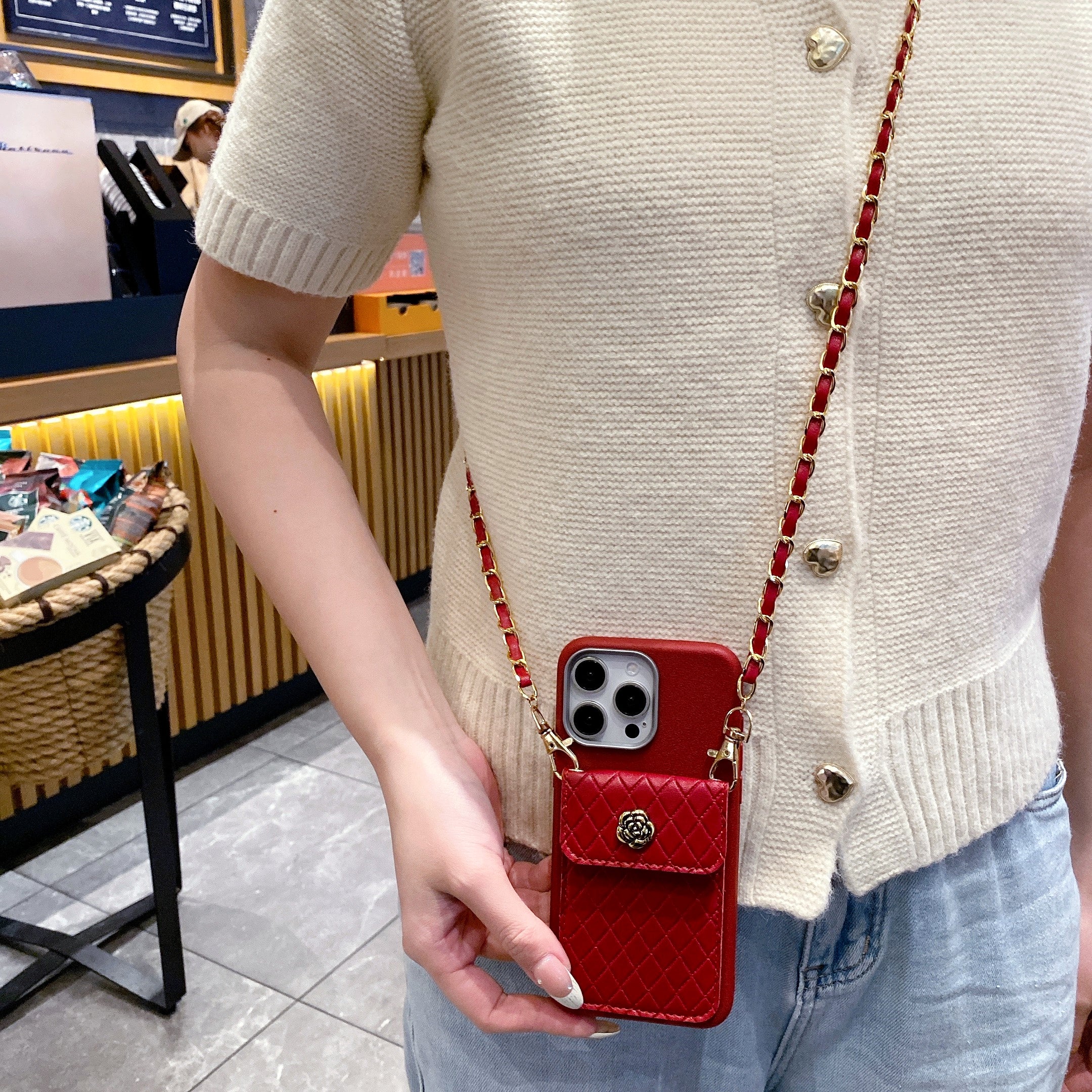 Red Diva Luxe Crossbody Gold Chain Silicone Phone Cases For iPhone