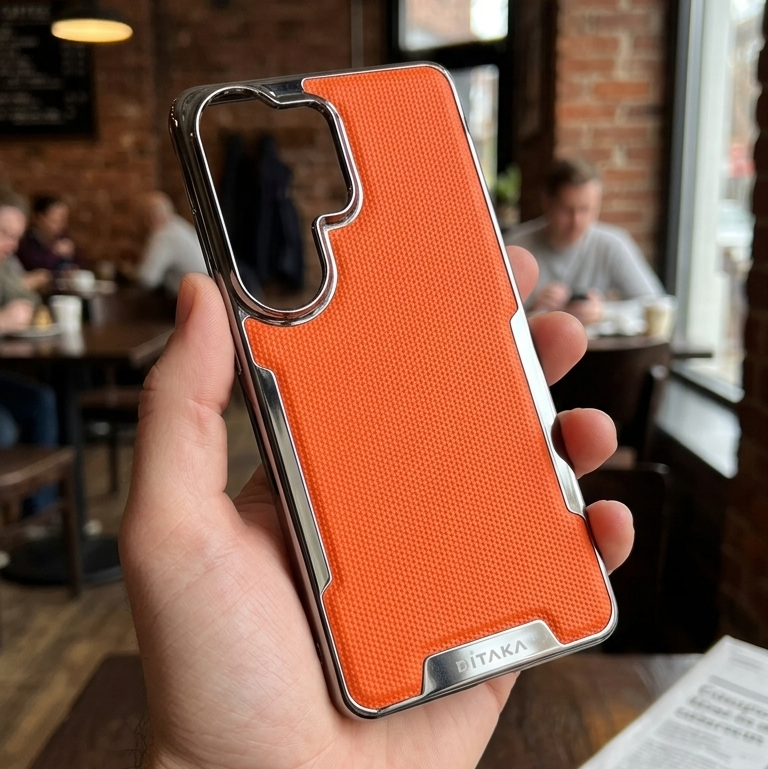An orange textured phone case with a silver metallic frame held by a hand in a cozy, blurred coffee shop setting.