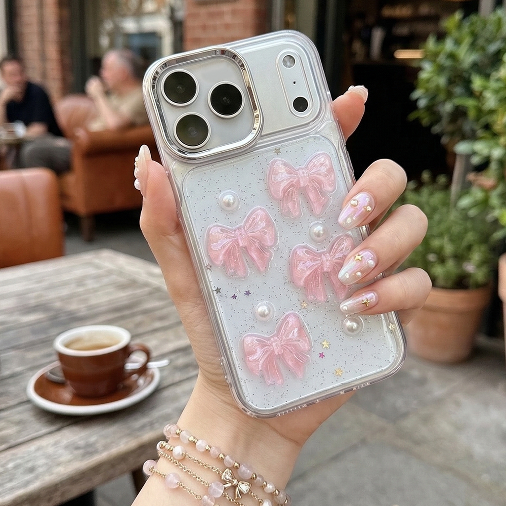 The Pink Bijou Bow Case: Multi-Dimensional Resin Ribbons and Pearl Detailing Silicone Case For iPhone