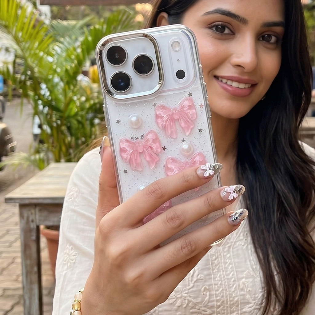 The Pink Bijou Bow Case: Multi-Dimensional Resin Ribbons and Pearl Detailing Silicone Case For iPhone