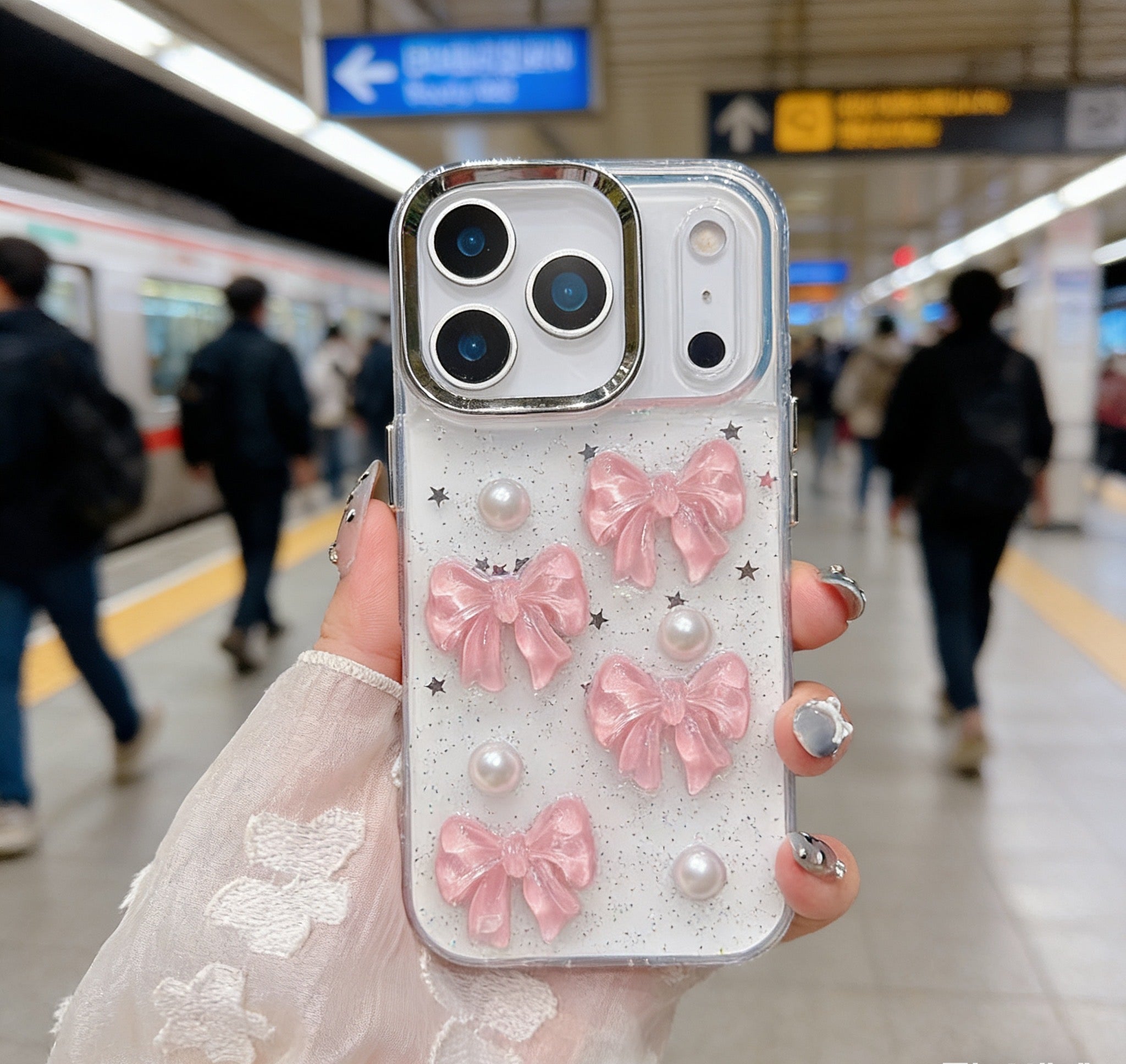 The Pink Bijou Bow Case: Multi-Dimensional Resin Ribbons and Pearl Detailing Silicone Case For iPhone