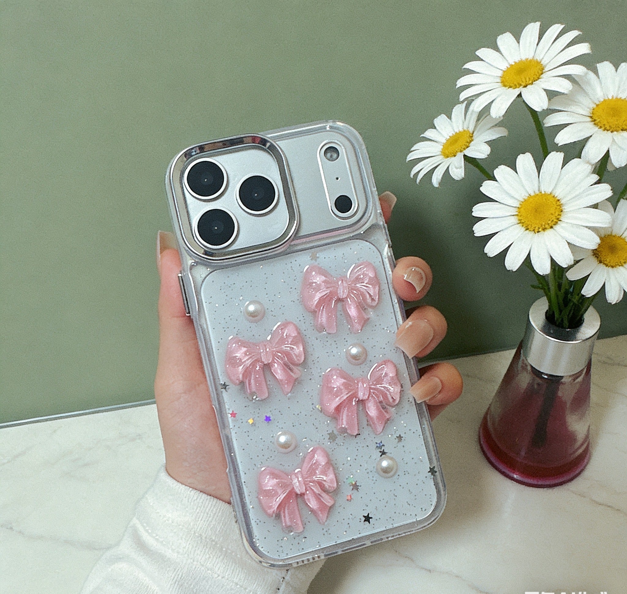 The Pink Bijou Bow Case: Multi-Dimensional Resin Ribbons and Pearl Detailing Silicone Case For iPhone
