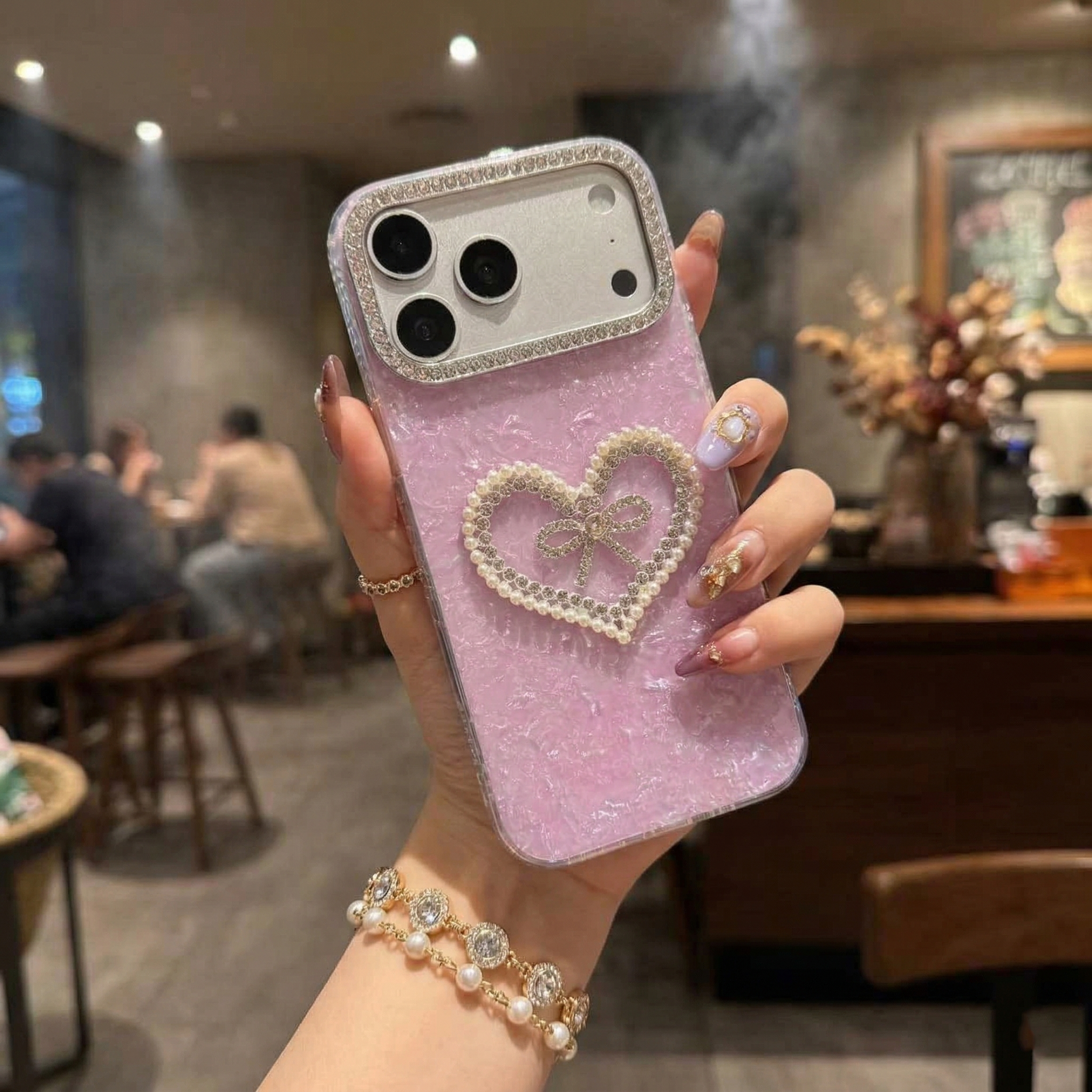 The Serene Sovereign: Pearl-Encrusted Heart with Diamond Bow Lavender Art Silicone Case For iPhone