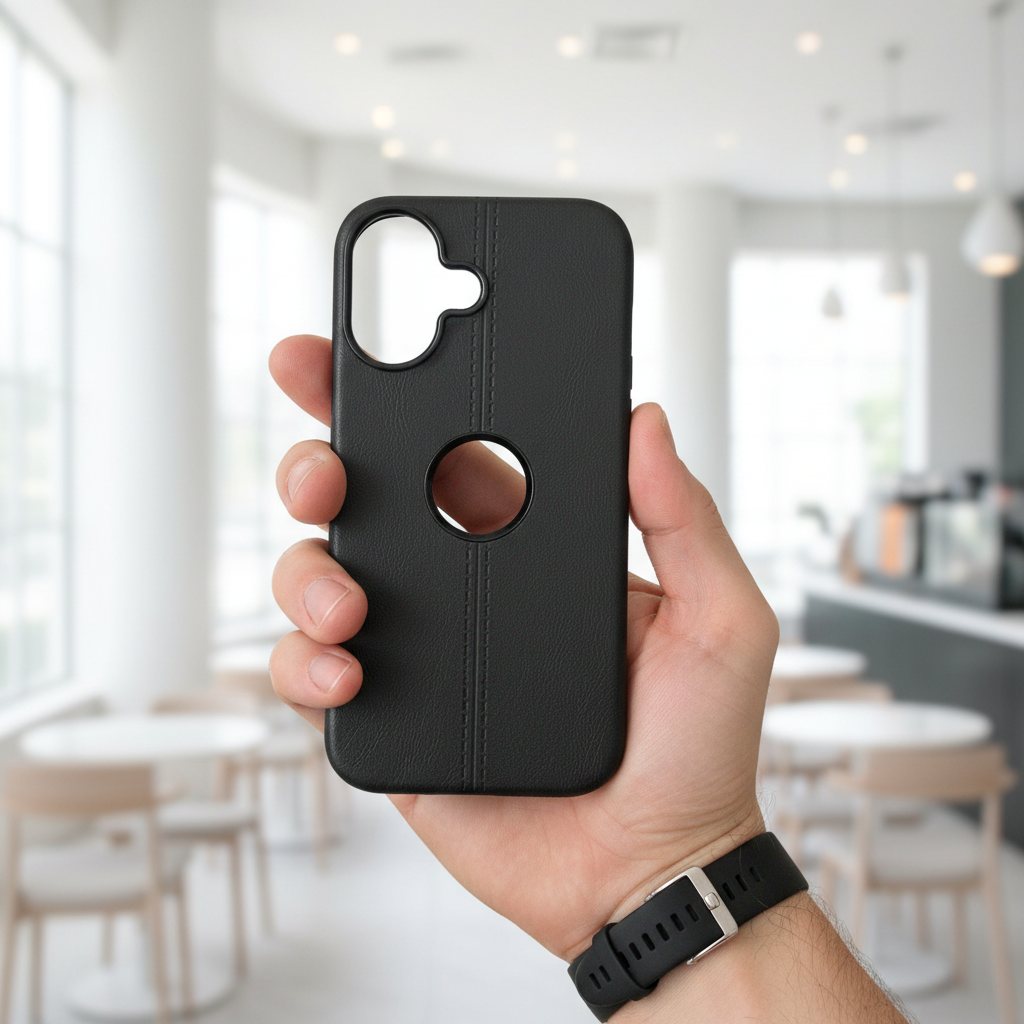 Premium Black Leather Phone Case with Logo Cut & Matte Finish Silicone Phone Case For iPhone