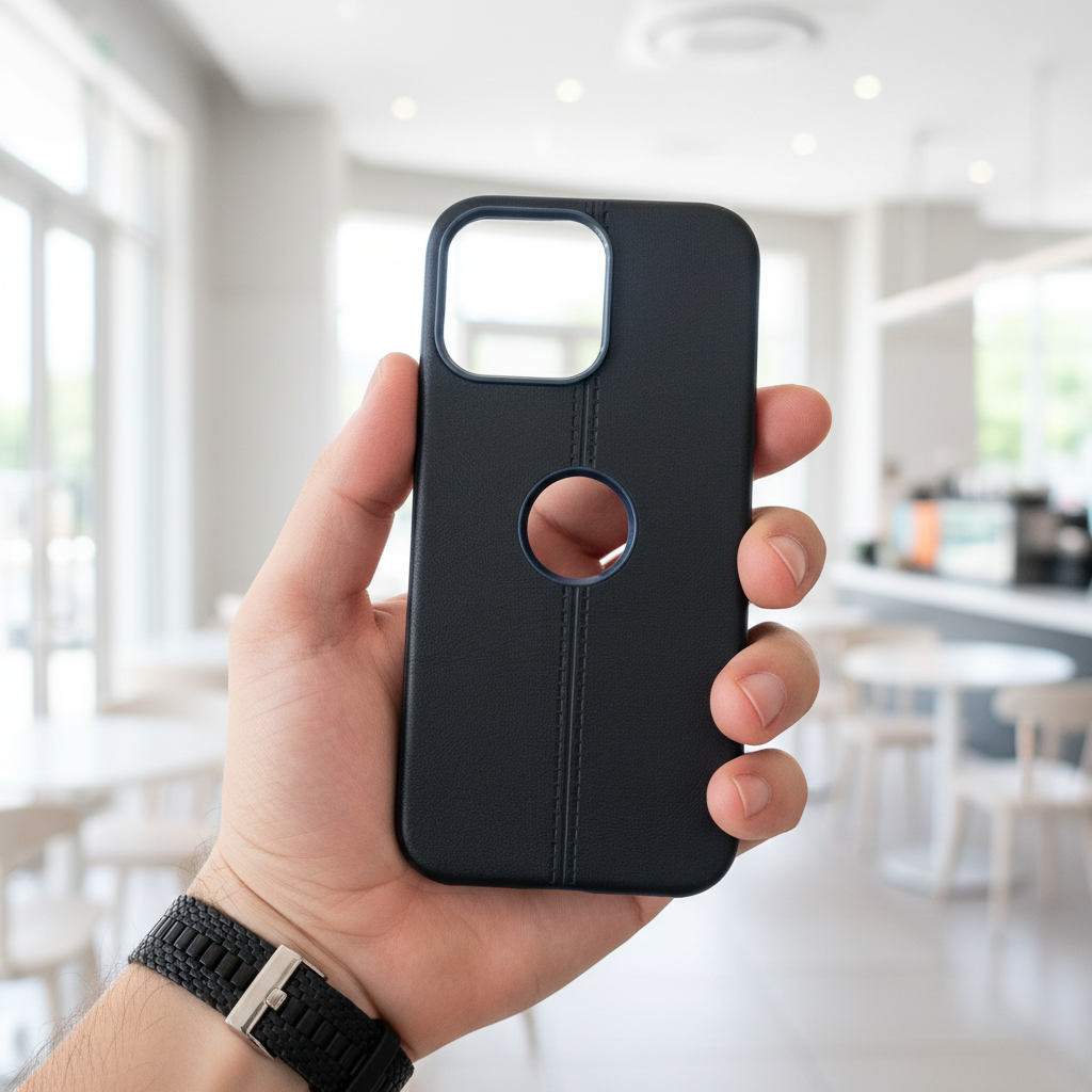 Premium Black Leather Phone Case with Logo Cut & Matte Finish Silicone Phone Case For iPhone