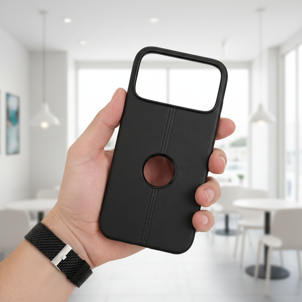 Premium Black Leather Phone Case with Logo Cut & Matte Finish Silicone Phone Case For iPhone