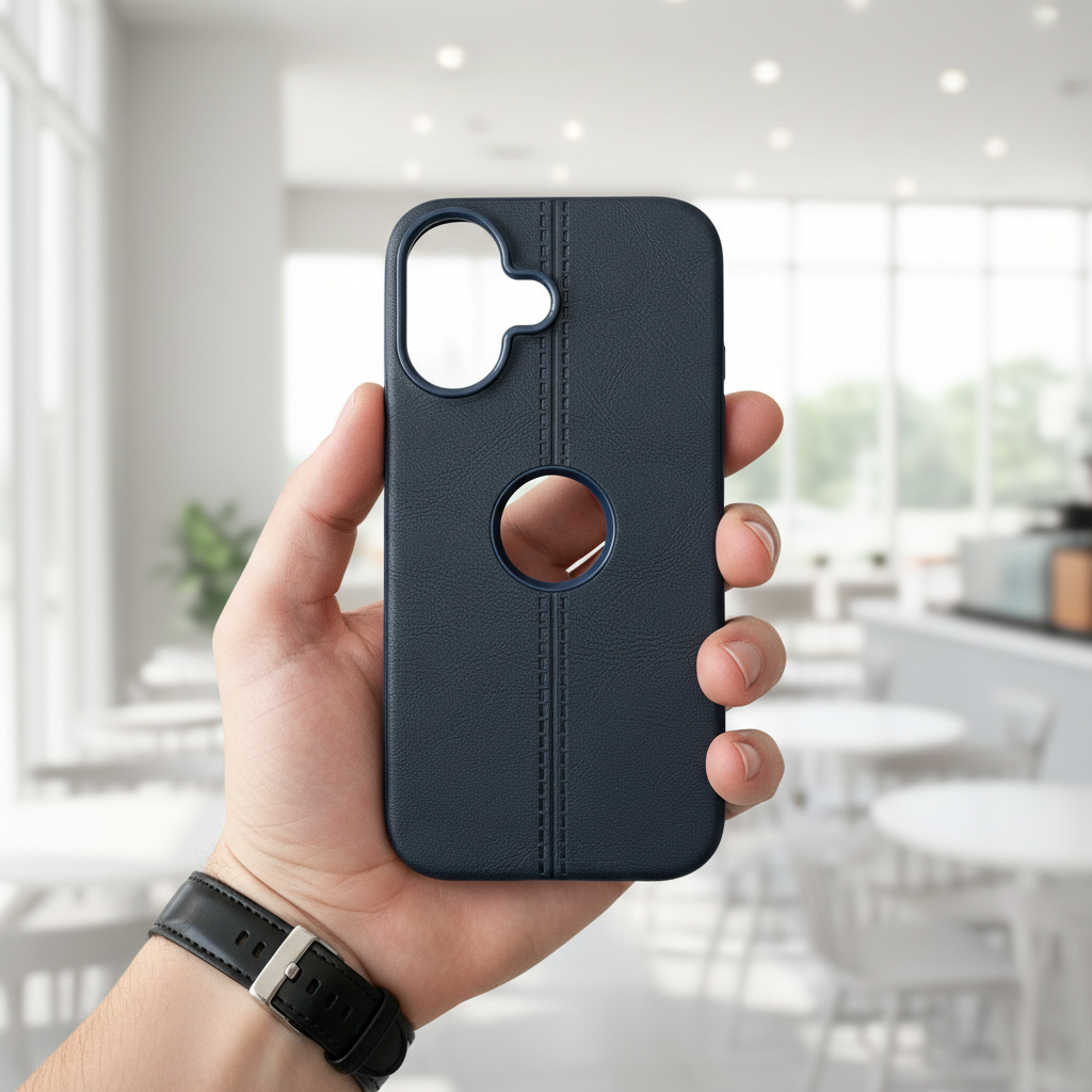 Premium Black Leather Phone Case with Logo Cut & Matte Finish Silicone Phone Case For iPhone